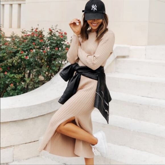 Wayf x BFF Hollie midi sweater dress tan - Medium - Picture 2 of 13